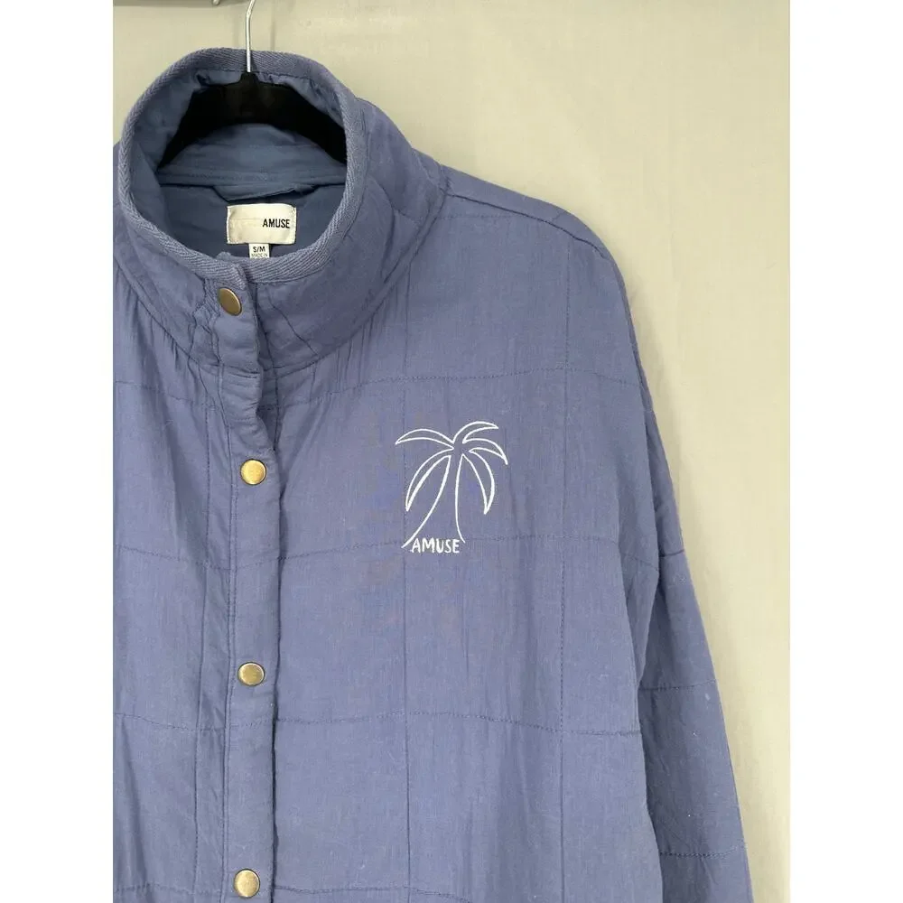 Amuse Society Jacket Women Small Blue Chore Quilted Beachy Palm Tree Snap - Picture 5 of 8